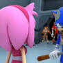 Sonic carrying Amy's hammer