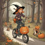 Tomboy in witch Halloween costume riding down a bi