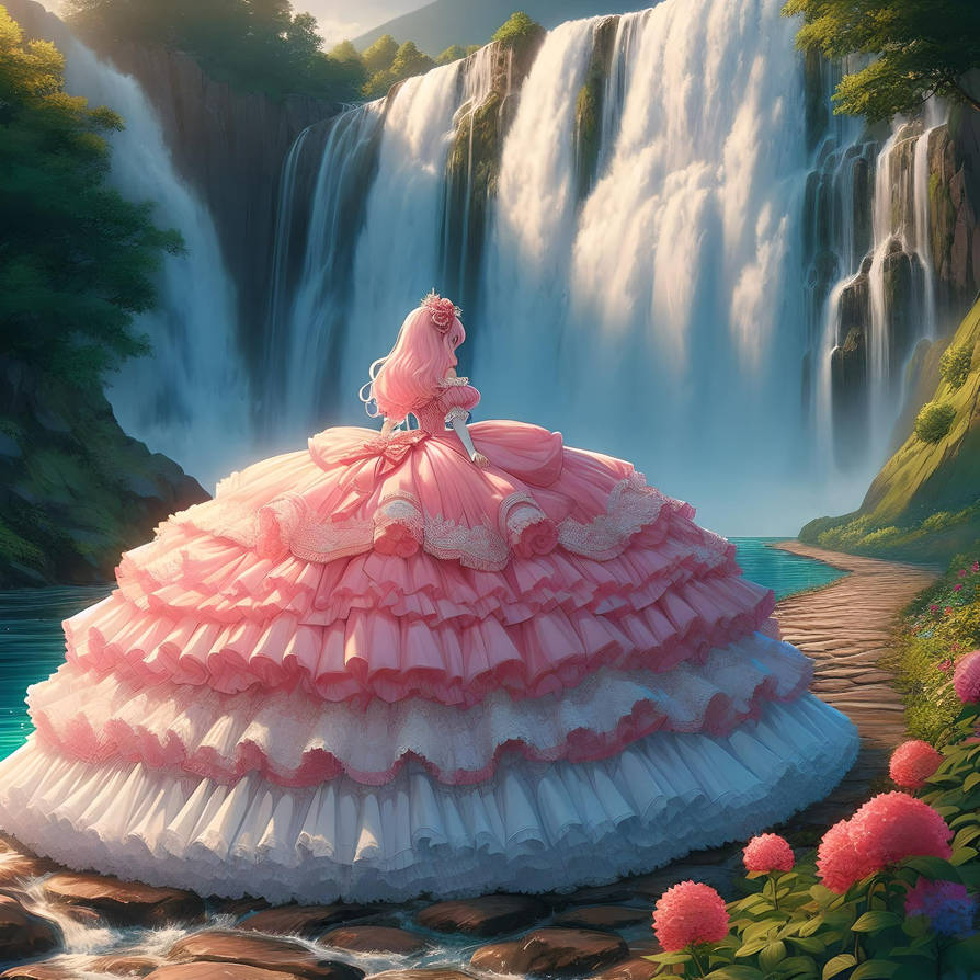 Princess walking near a majestic waterfall 10 by sayakuku on DeviantArt