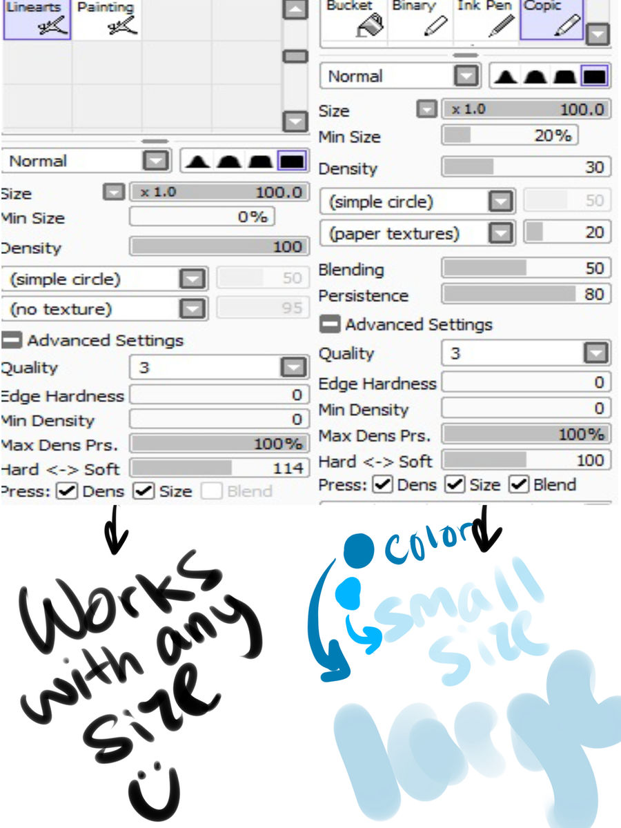My brush settings--Copic and Lineart