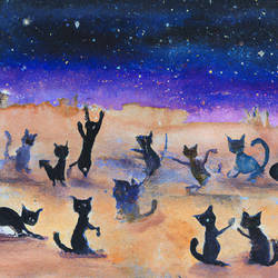 Happy Cats Dancing in the Desert at Night - DALL-E