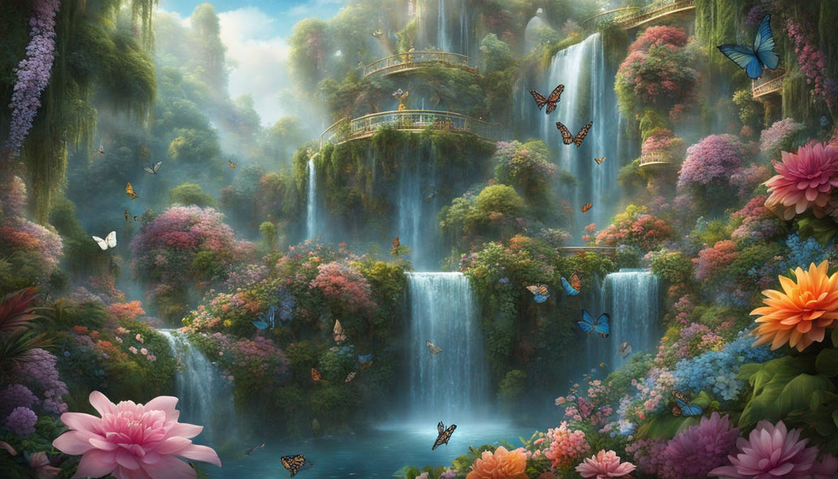 Suspended in the sky are lush, floating gardens,
