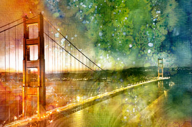 Golden Gate Dawn Bridge - Glowing Watercolors