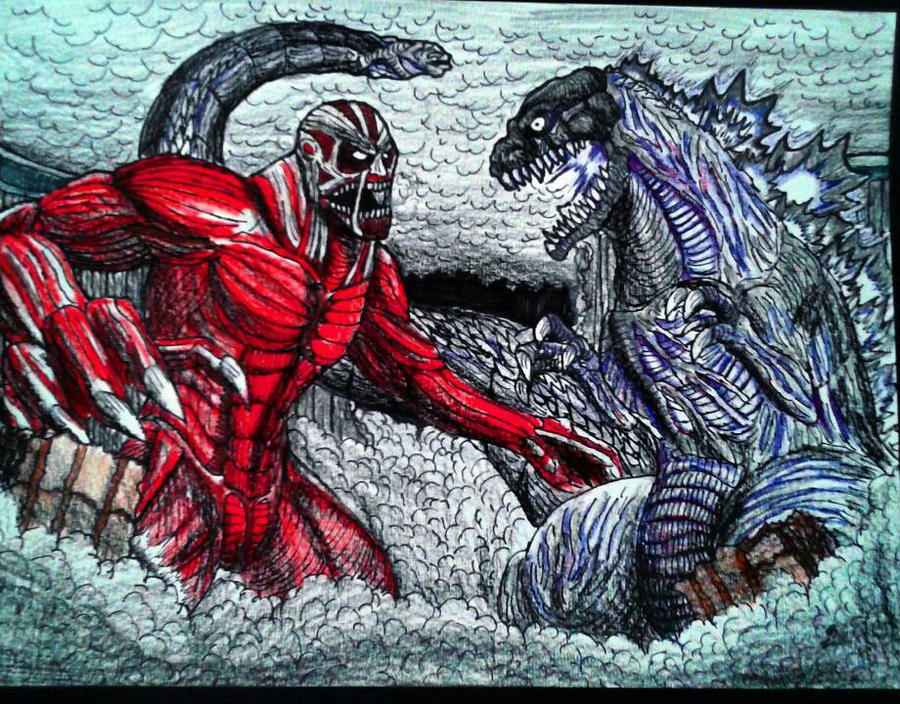 COLOSSAL TITAN VS SHIN-GOJIRA (Colored Version) by Erickzilla on DeviantArt...