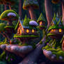 Fantasy mushroom landscape with bonsai tree houses