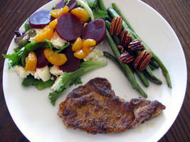 pork chops, beans and pecans and beet salad