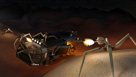 Gunbots attacking freighter by DennisH2010