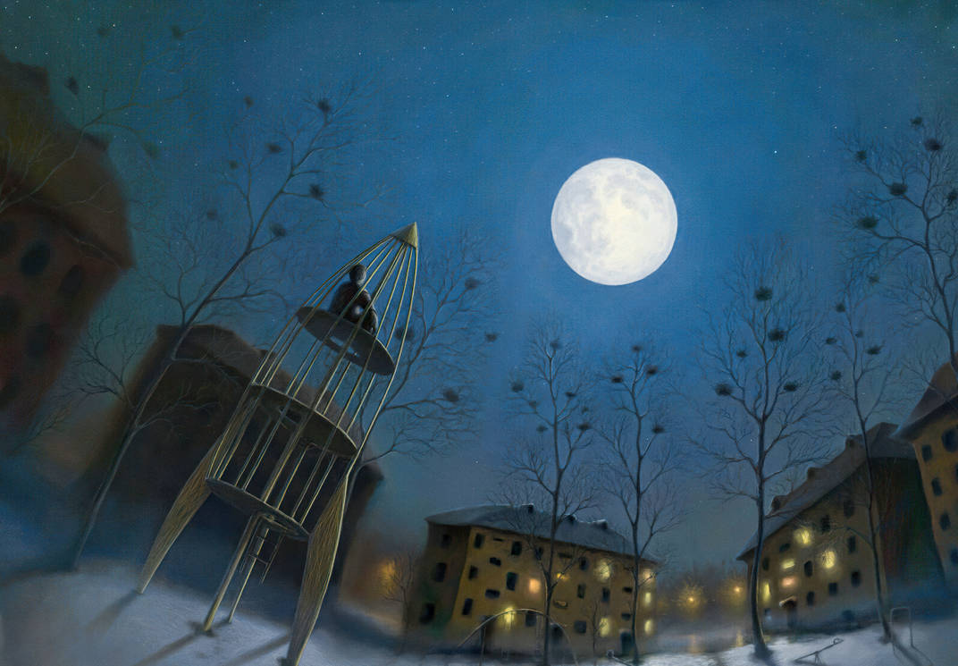 Луна над крышей дома. Ночь живопись. Ночные картины. Лунный свет в городе. Луна над домами.