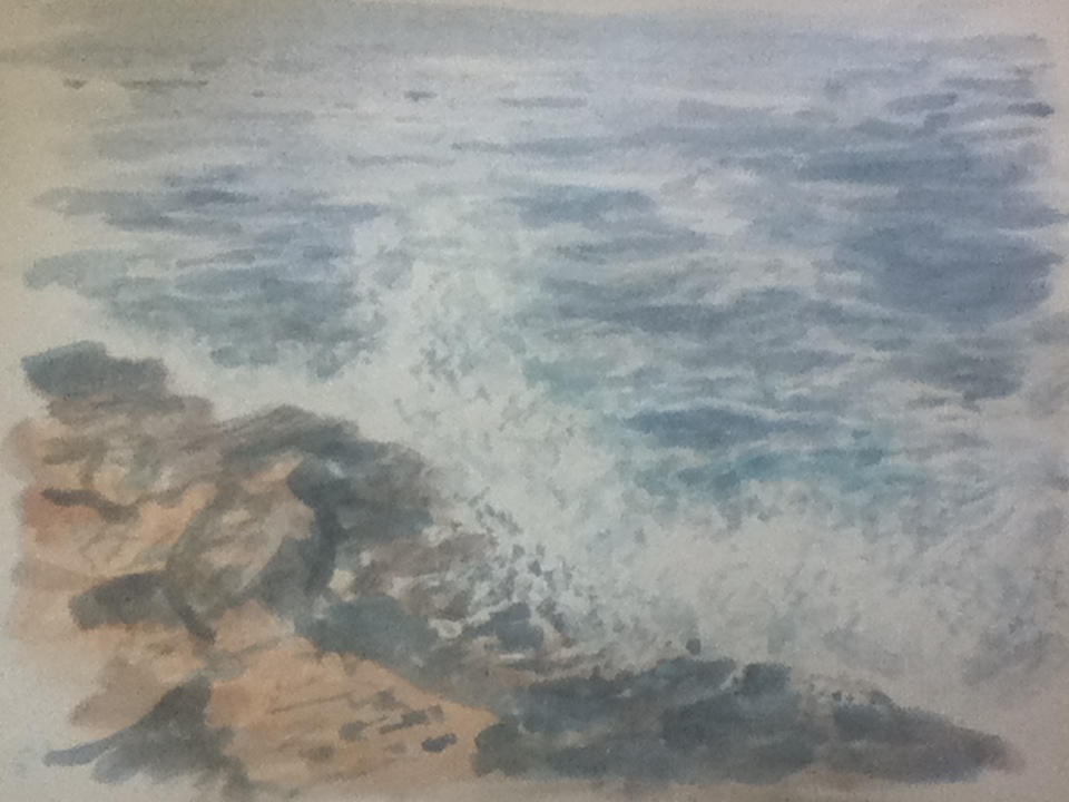 Simple Watercolor Study of Waves Crashing on Rocks