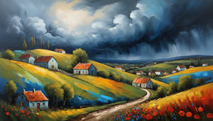 Thunderstorm front over a quiet village