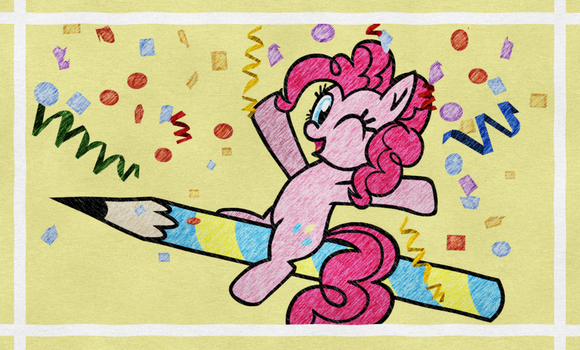 Pinkie Pie on a pencil with confetti