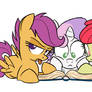 Three unnamed fillies read an untitled book