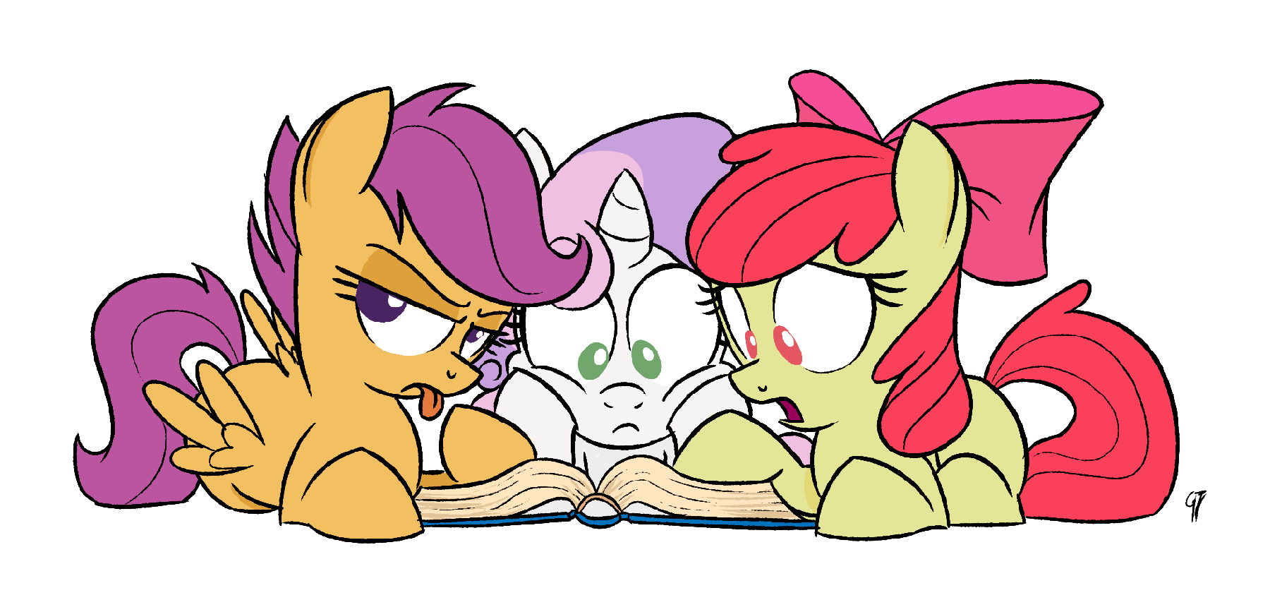 Three unnamed fillies read an untitled book