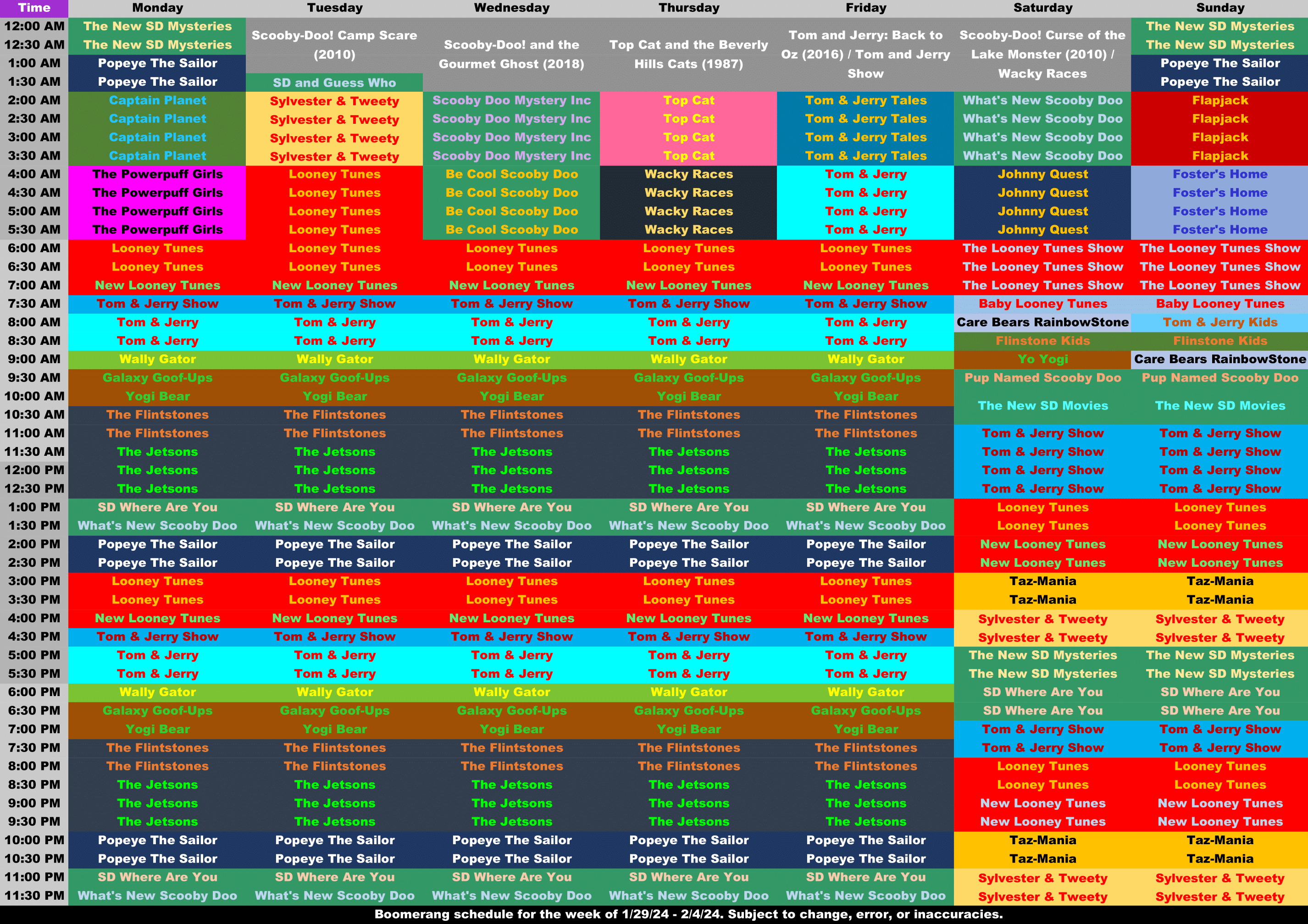 Boomerang Schedule 2025