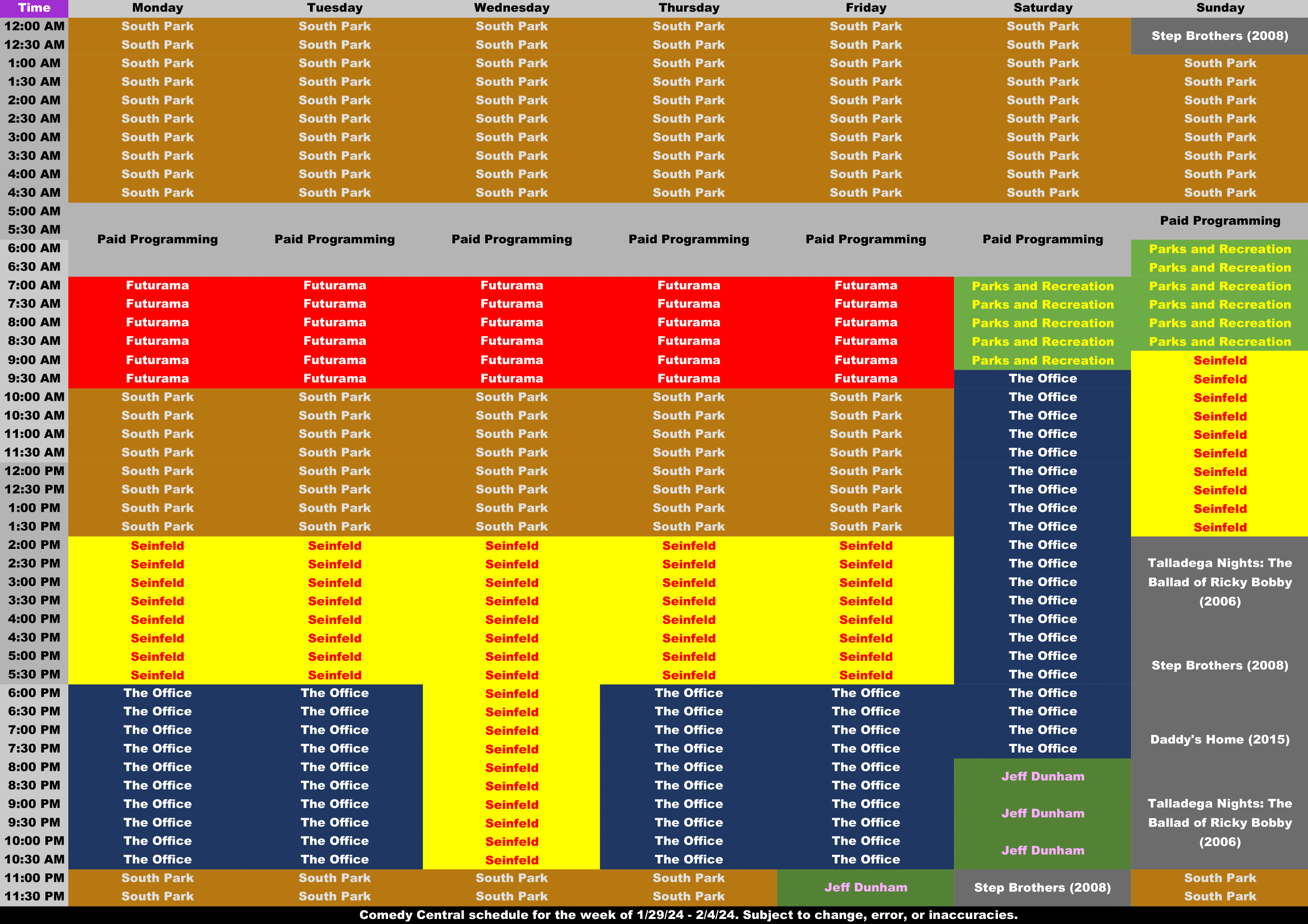 Comedy Central Schedule for 1/29/24 - 2/4/24 by