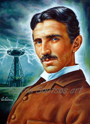 Nikola Tesla Tower painting portrait