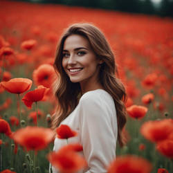 Realistic Smiling Young Woman Among Poppies