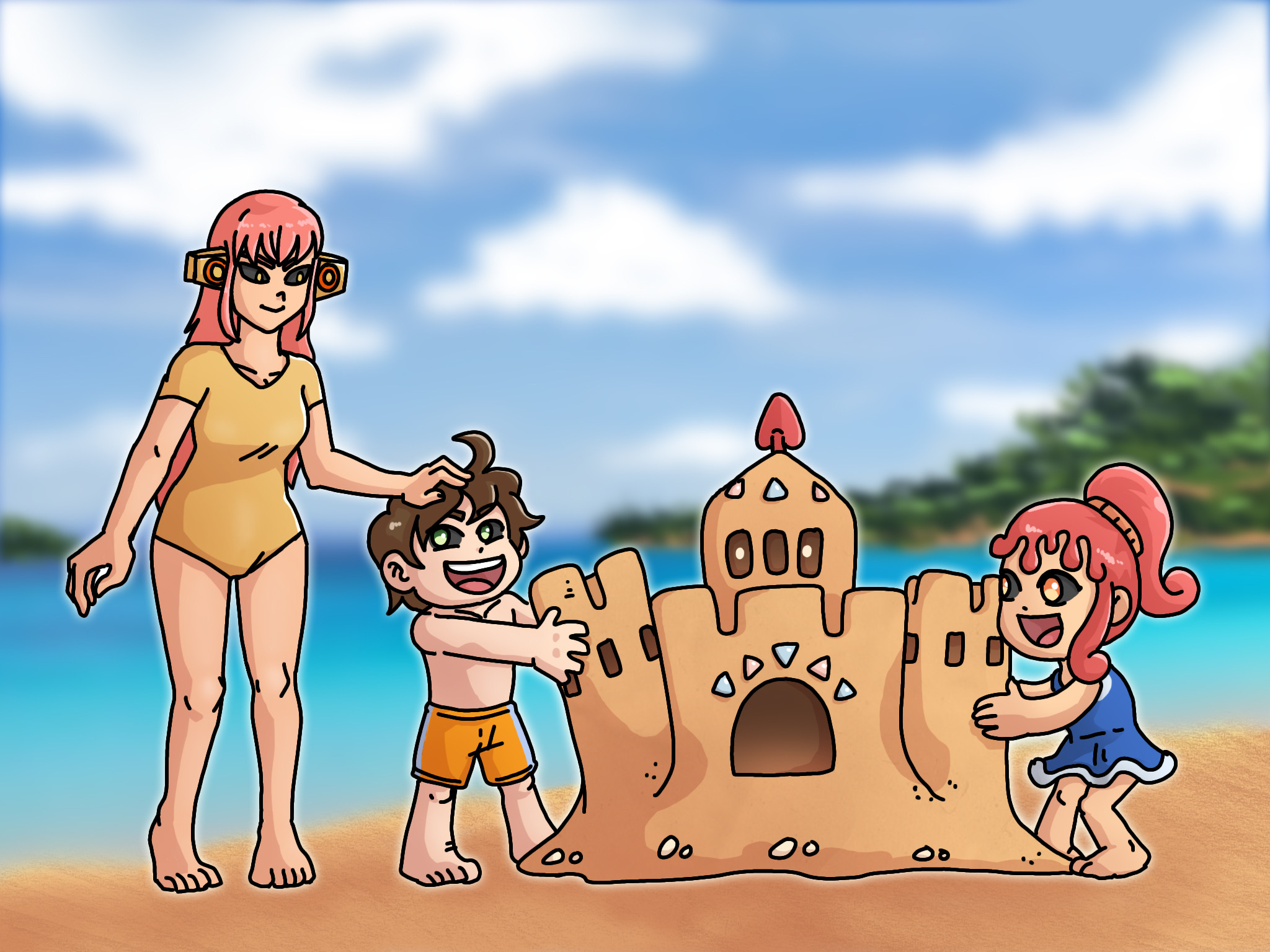Pyre and her kids at the beach.