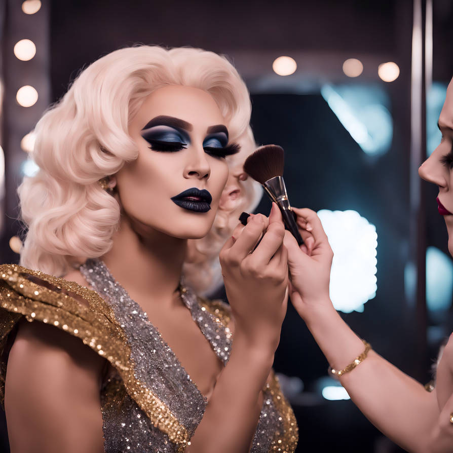 Heavily made up drag queen applying make up to ano