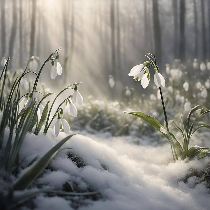 A hauntingly beautiful snowdrop blooms in a fantas