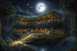 Hanging Gardens of Babylon, darkest night, moon