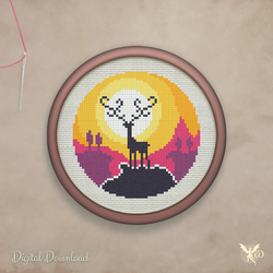Sunset Deer Mountain - cross stitch pattern