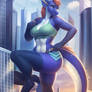 Macro dragoness jogging through city