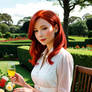 Elegant redhead at a garden party