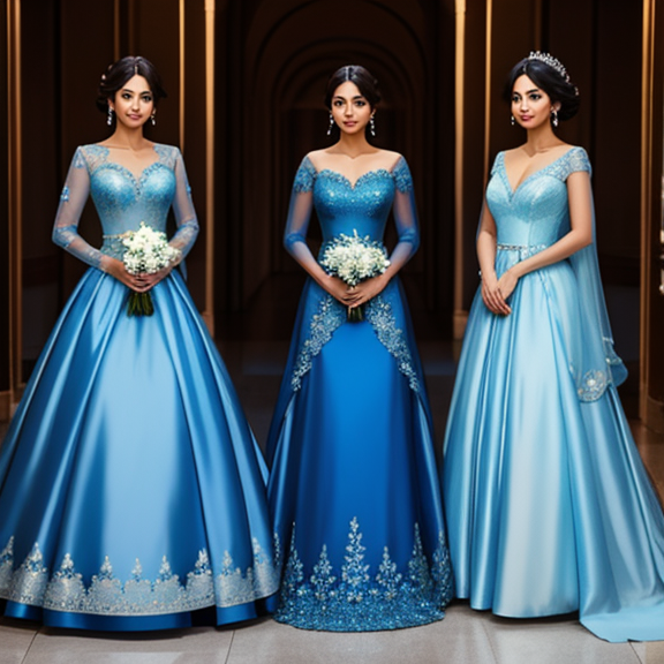 Three beautiful women in blue gowns