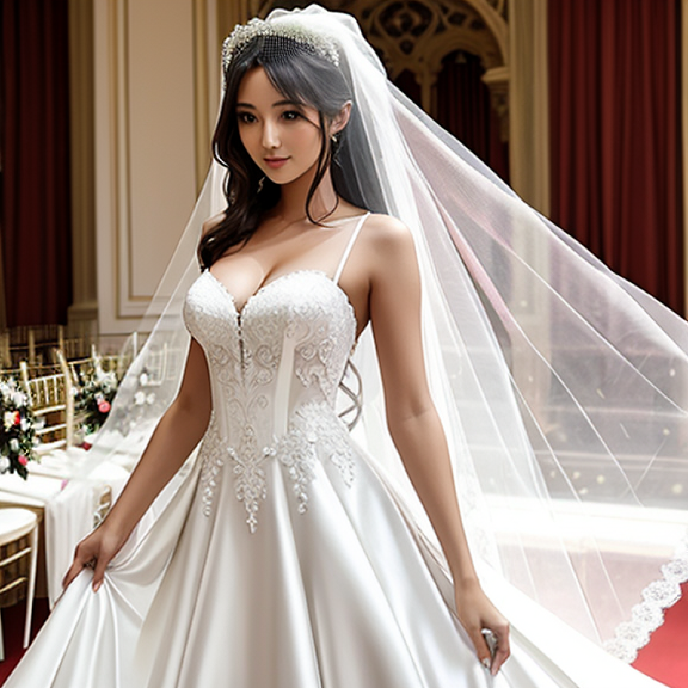Sexy girl in slim white wedding dress and veil