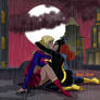 Batgirl and Supergirl kissing in the rain