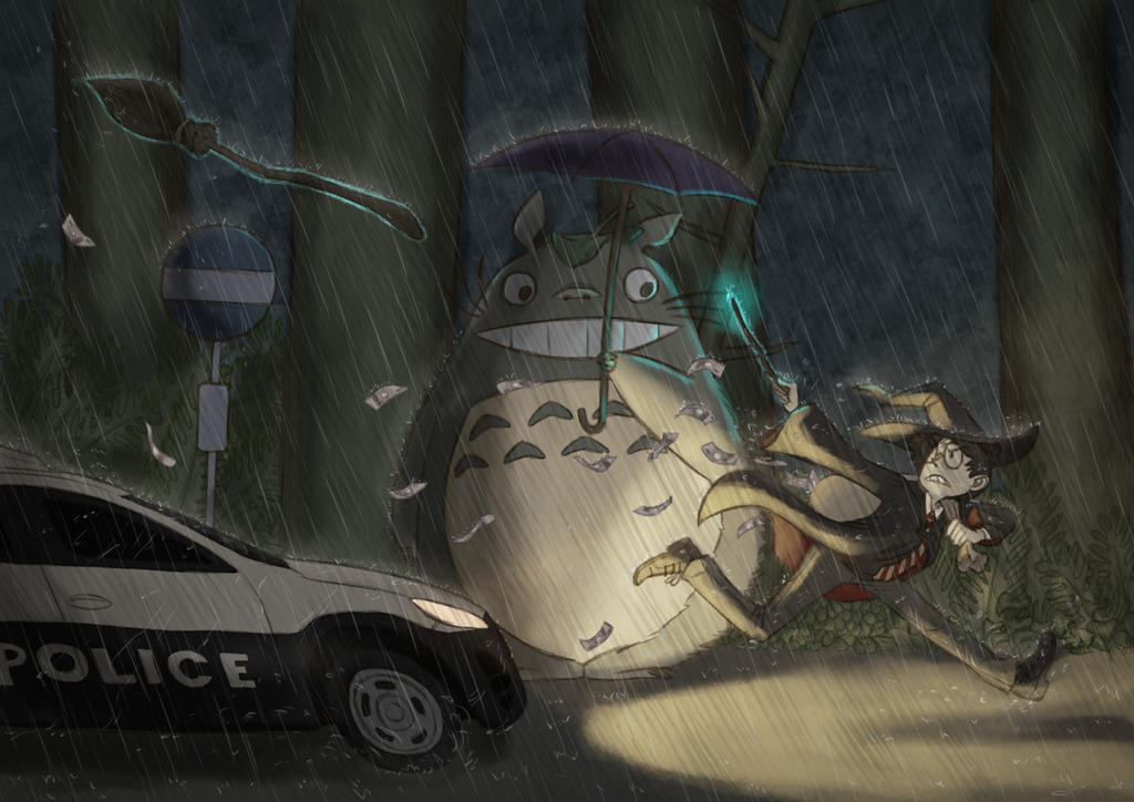 Harry at Totoro's bus stop, robbing a bank by Synerese