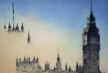 Big Ben Palace of Westminster in the fog A6 SIZE by YuGo1991