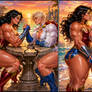 Wonder Woman and Power Girl arm-wrestle and kiss