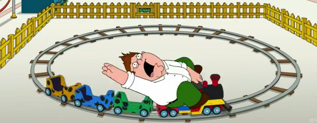 Peter is riding on the kiddie train by batman714 on DeviantArt