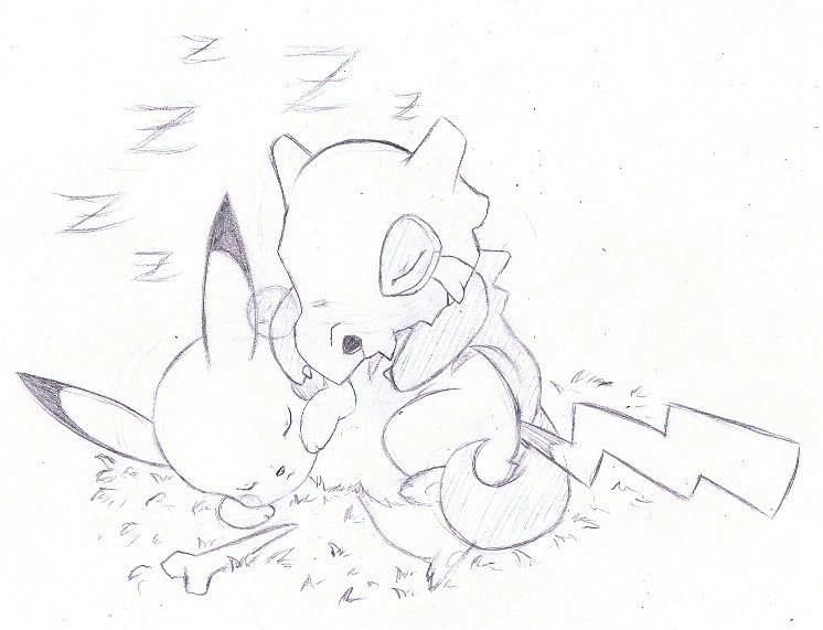 Cubone and Pikachu asleep