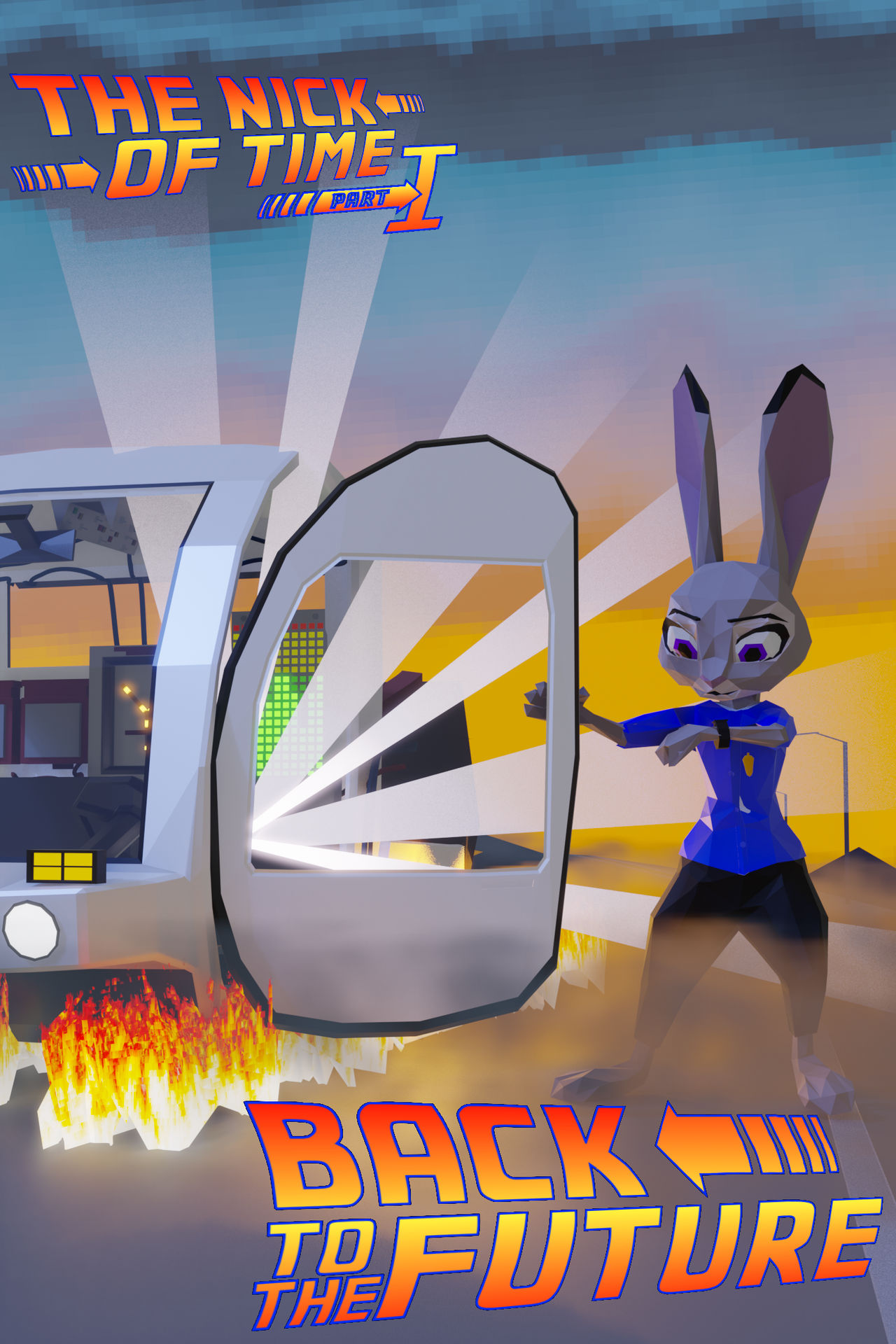 Judy standing next to a strange vehicle. She looks at her wrist watch in shock.