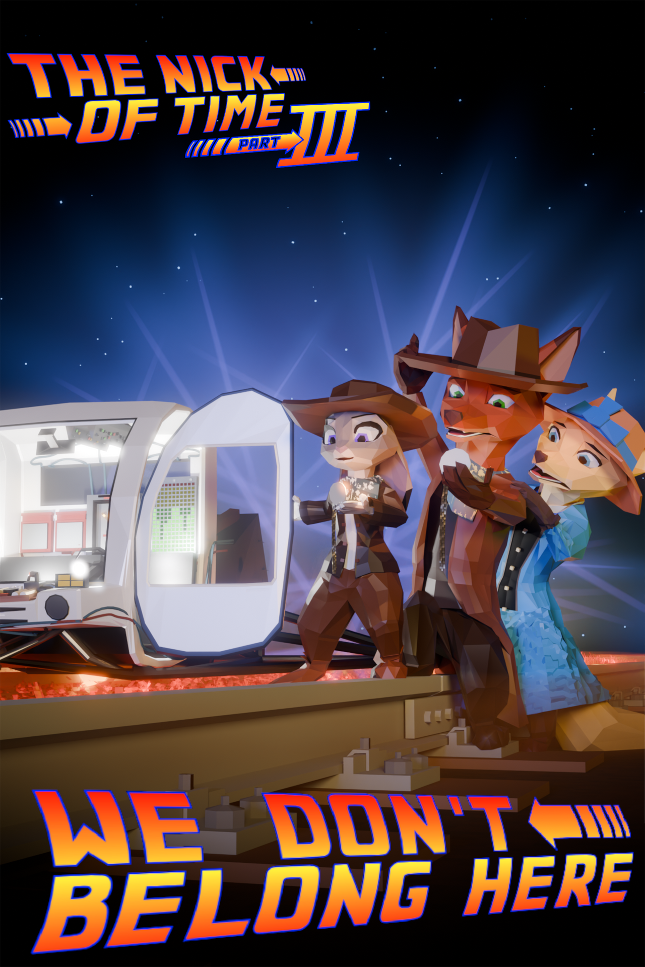 Judy, Nick, and Skye standing next to a strange vehicle on rails. They all look at their pocket watches in shock.