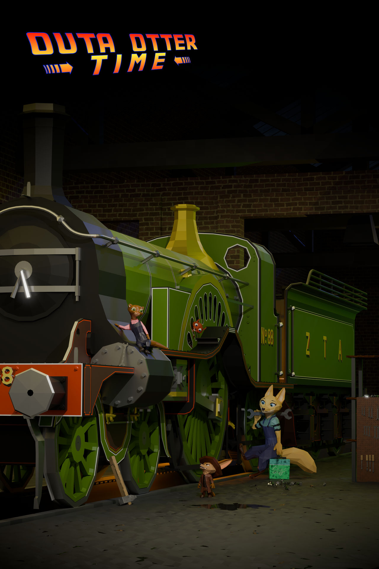 Finnick, Kris, Skye, and Percy are by the side of a large steam locomotive. This is a workshop with tools and bolts scattered about.