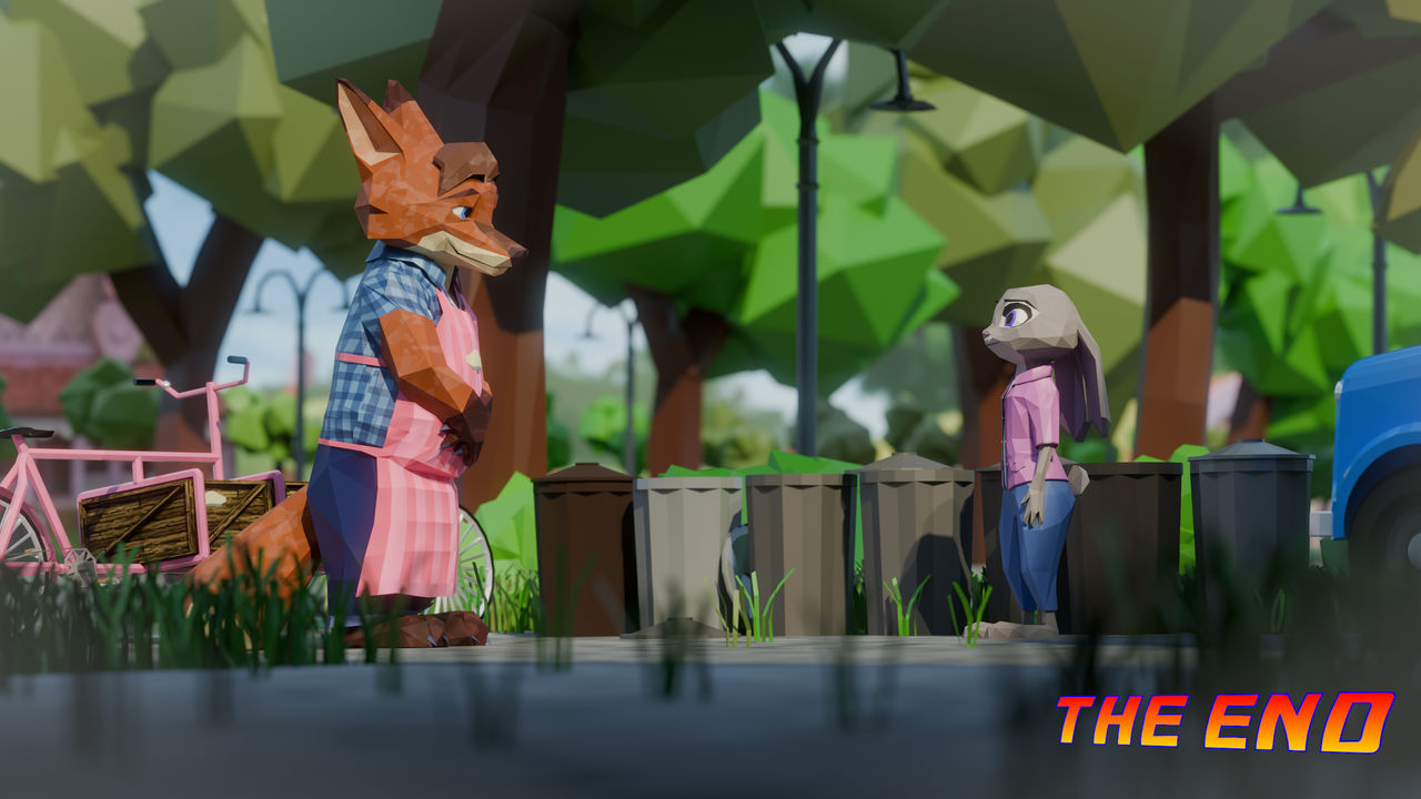 An image showing Judy and Gideon standing face to face in the driveway of the Hopps warren. They smile at each other. The background is a tree-lined street. The image composition strongly resembles a shot from the first Zootopia movie, where Gideon apologises to Judy for bullying her in their childhood.