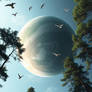 A Young Planet With Tall Trees And Birds Flying Th