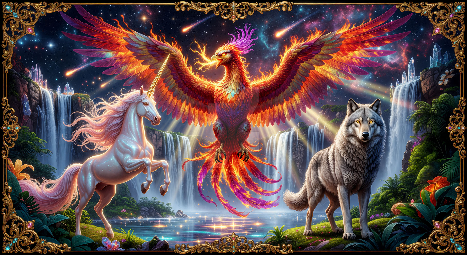 Phoenix Wolves Phoenix, horse, and wolf by waterfalls by TheComfyarts on DeviantArt