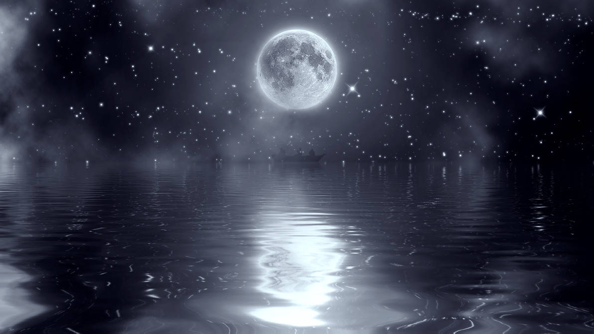 Утонула луна. Лунный пейзаж. Отражение Луны в воде. Лунная ночь. Звезды отражаются в воде.