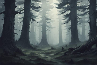 Creepy dark pine forest fog finnish