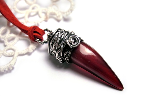 Oxblood vampire fang with Silver. Burgundy Agate.