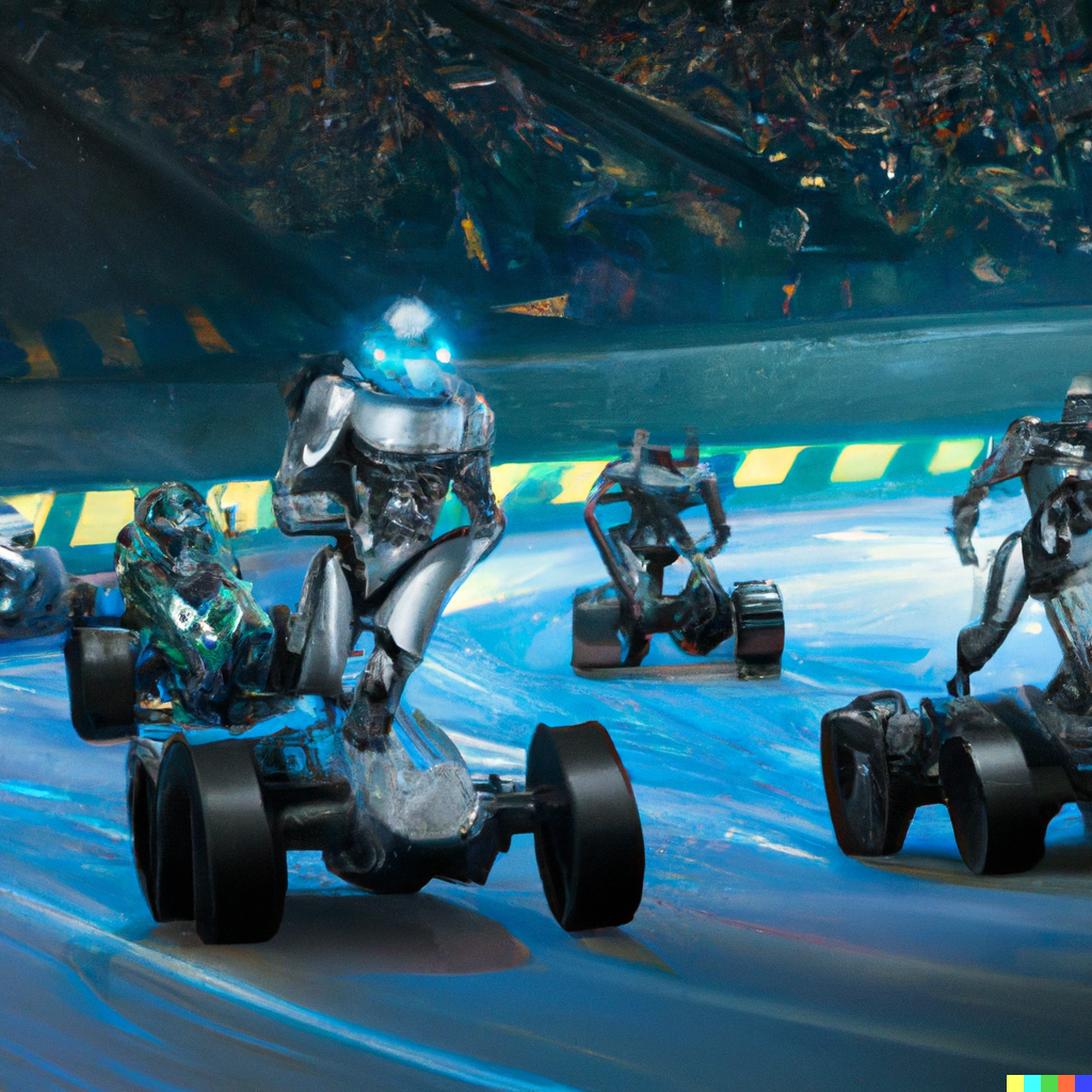 5 humanoid robots racing on race track, Cyberpunk by SciArtism on ...