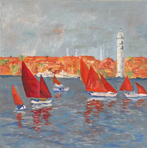 Oil Painting Original Red Yacht