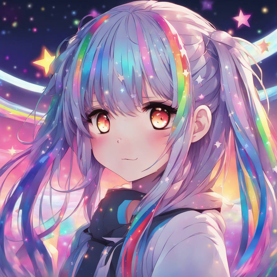 Rainbow scene anime girl with star like eyes