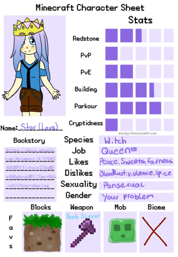 Minecraft character sheet: Star by Skieley on DeviantArt