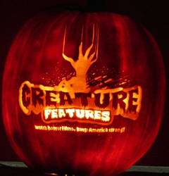 Creature Features logo hand-carved on a foam pumpk